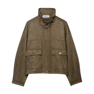 Veste Bomber en Suédine pour Femmes Col Montant Manches Longues Poches à Rabat Streetwear Manteau Court Décontracté