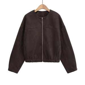 Giacca da Donna Casual in Finta Pelle Scamosciata Girocollo Tinta Unita Con Cerniera Capispalla Corti Spalla Cadente Cappotto Streetwear Caffè