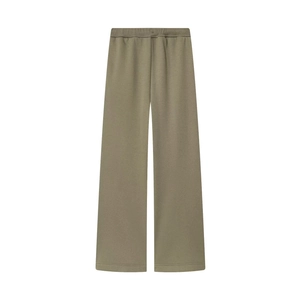 Détail à plat d'un pantalon de jogging en coton vert olive avec taille élastique
