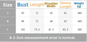 Detailed size chart for stand collar jacket showing bust, length, and shoulder dimensions