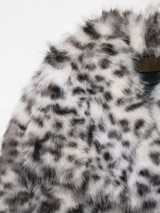 Macro view of leopard print faux fur jacket showing thick black and grey texture