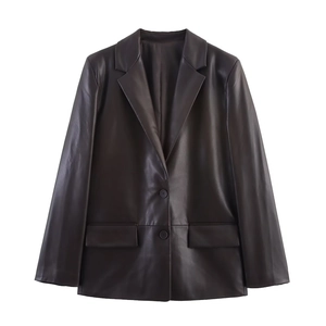 Women's chic dark brown PU leather blazer with single-breasted buttons and classic lapels