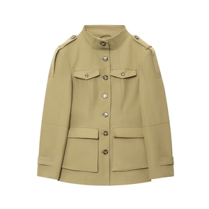 Women's Casual Utility Style Jacket Multi-Pocket Stand Collar Tactical Outwear Matcha Green Solid Loose Long Sleeve Fall Coat