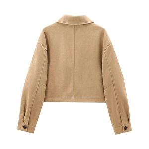 Back view of a short light brown faux suede jacket with seam detail and buttoned cuffs