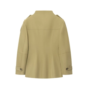 Back view of khaki jacket featuring military shoulder epaulettes and adjustable cuff straps