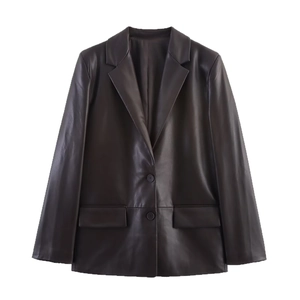 Women's dark brown faux leather blazer with classic notched lapels and single-breasted buttons