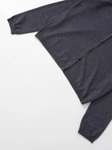 Detailed view of dark grey knit cardigan showing rib-knit cuffs and tonal buttons