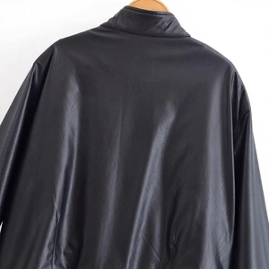 Women's streetwear loose faux leather jacket with stand collar and back stitching details