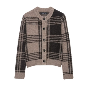 Gilet en Maille à Carreaux Vintage pour Femmes Rétro Marron Plaid Col Rond Manches Longues Boutonné Pull Tricoté Veste