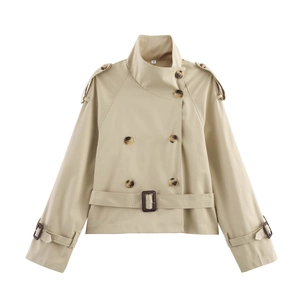 Trench-Coat Court Pour Femme Kaki Veste À Double Boutonnage Avec Ceinture Épaulettes Col À Revers Vêtements D'Extérieur Décontractés