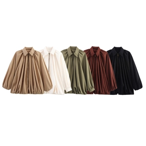 Women Fashion Pleated Loose Jacket Zipper Front Lapel Lantern Sleeve Oversized Solid Color Polyester Casual Streetwear Top