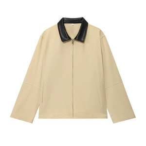 Veste Harrington Décontractée pour Femme Kaki Avec Col Patchwork en Similicuir Noir Streetwear Manteau Ample à Fermeture Éclair