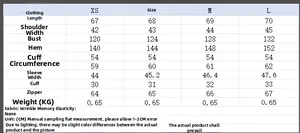 Detailed size chart for oversized quilted jacket featuring XS to L measurements in CM