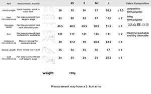 Size chart for women bomber jacket with measurements and 100% polyester fabric details