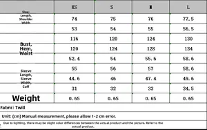 Detailed size chart for street fashion hooded jacket with multi-pocket design