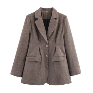 Women's brown herringbone wool blazer with a three-button closure and tailored waist design