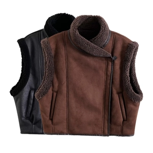 Damen Winter Warm Wildlederimitat Weste Mit Lammfellimitat Gefüttert Biker Ärmellose Jacke Revers Reißverschluss Dicke Weste