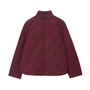 Back view of burgundy quilted jacket with classic gourd stitching and ribbed stand collar