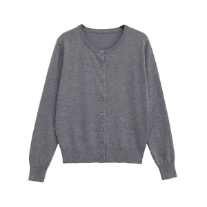 Women's minimalist dark grey crewneck cardigan sweater with single-breasted buttons