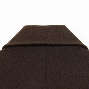 Short double-breasted dark brown wool coat with textured diagonal weave and lapel detail