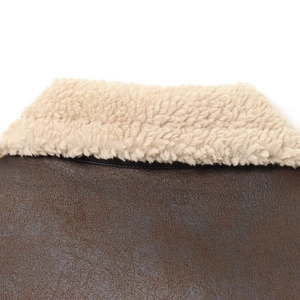 Women's brown faux leather winter jacket featuring soft cream fleece lapel and warm lining