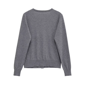 Back view of a plain grey crewneck knit cardigan with ribbed cuffs and hem details