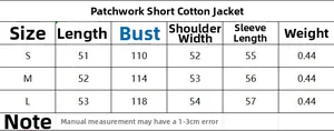 Tableau des tailles pour veste courte matelassée femme incluant buste et manches