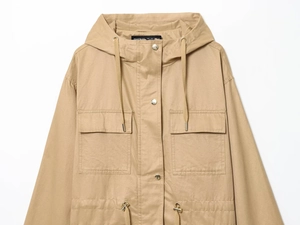 Detail of khaki hooded parka with adjustable drawstrings and large metal snap flap pockets