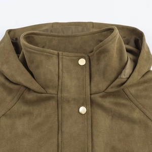 Giacca da donna in finta pelle scamosciata con cappuccio e bottoni automatici dorati
