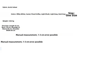Size guide with Arctic fleece fabric details and measurements for knitwear top