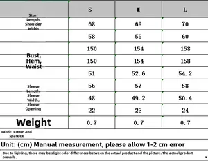Size chart for bomber jacket showing measurements for S, M and L sizes in centimeters