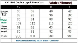 Detailed size guide for double-breasted short coat including bust and length measurements