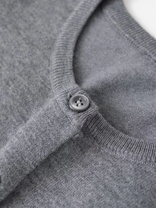 Close-up of grey knitted cardigan showing ribbed neckline and matching button detail