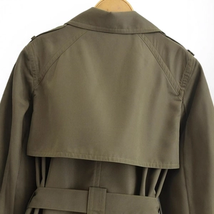 Classic olive green double-breasted trench coat back view with storm flap and belt