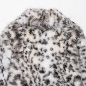 Chic snow leopard print faux fur jacket for women with soft fluffy texture and back view