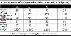 Tableau des tailles pour veste en suédine avec mesures en cm pour les tailles XS à L