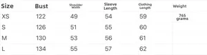 Size chart detail showing measurements for oversized faux leather jacket in XS to L