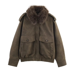 Veste Bomber en Suédine Rétro pour Femmes Avec Col en Fausse Fourrure Amovible Manteau d'Hiver Streetwear Grandes Poches
