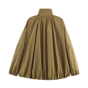 Detailed back view of khaki pilot jacket featuring pleated collar and elastic cuffs