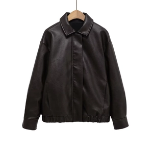 Veste en Similicuir Vintage Marron Foncé pour Femmes Blouson Bomber Décontracté en PU avec Poignets Élastiques Fermeture Éclair