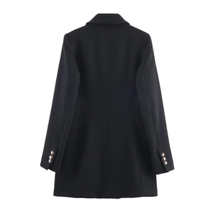 Back view of a black tailored wool coat featuring a slim fit and gold cuff button accents