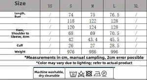 Size chart for women's two-tone PU jacket showing bust, length, and sleeve measurements