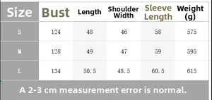 Size chart for oversized velvet street jacket showing bust, length, and weight in S, M, L
