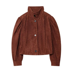 Women Suede-like Short Jacket Stand Collar Pleated Puff Sleeve Button Up Outerwear Streetwear Casual Solid Brown Coat