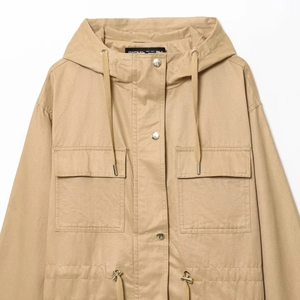 Women's khaki multi-pocket hooded jacket with metal snaps and adjustable drawstring waist