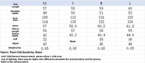 Tableau des tailles détaillé pour veste matelassée femme avec mesures du XS au L