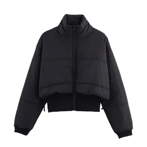 Veste Rembourrée Matelassée Courte Décontractée d'Hiver pour Femme Col Montant Manches Longues Fermeture Éclair Patchwork Manteau Couleur Unie Chaud Streetwear