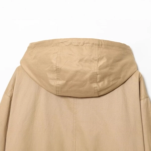 Back view of a khaki hooded fashion jacket with high-quality windproof fabric and stitching