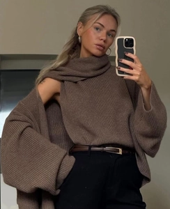 Detail of coffee brown chunky knit two-piece sweater with stylish neck warmer scarf