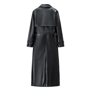 Back view of a longline black faux leather trench coat with waist belt and storm flap